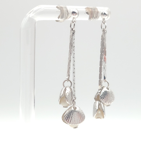 Silver Seashell Drop Earrings with Pearl | Dainty Beach Coastal Jewelry - Picture 8 of 9